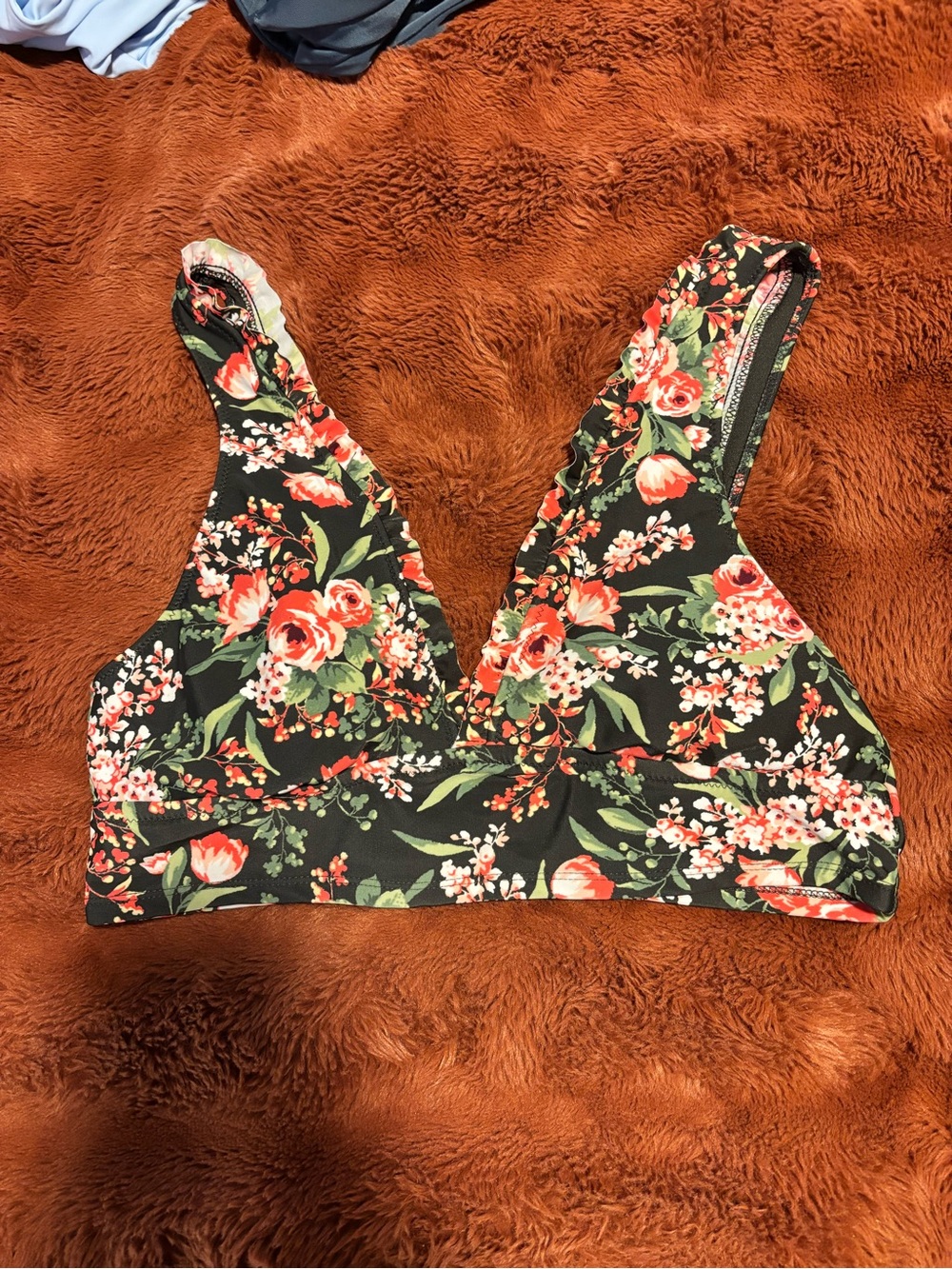Mossimo Supply Co. Black Floral Bikini Top with Red and Green Accents